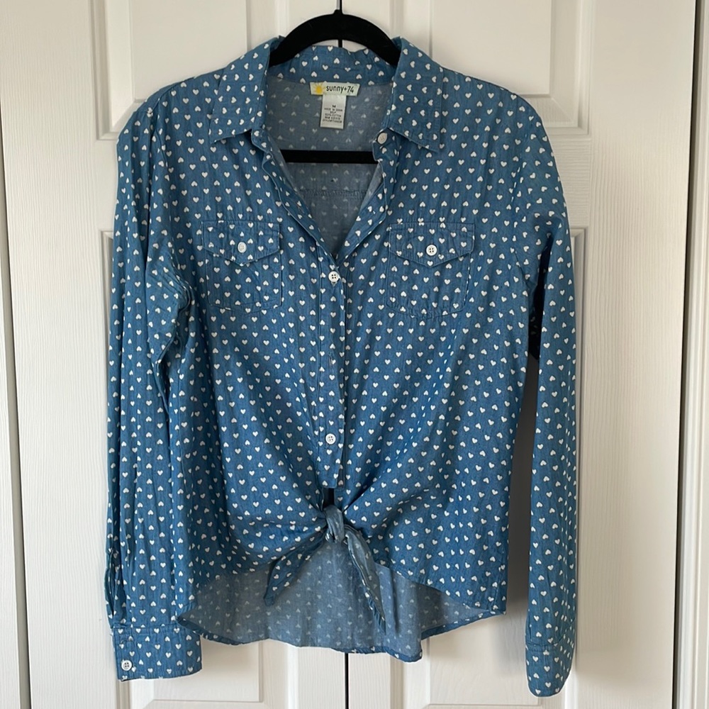 Cropped Chambray Tie Front Top with Hearts